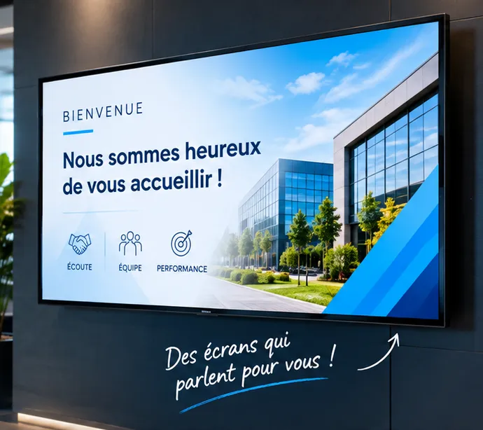 Écran mural dans un hall d'entreprise affichant un message de bienvenue